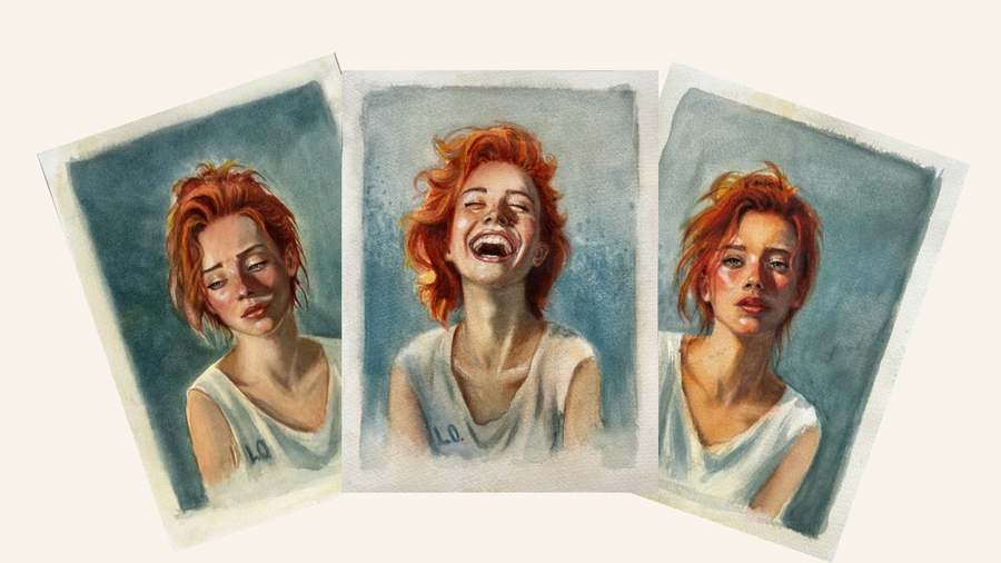 Tres retratos en acuarela de la misma modelo pelirroja con distintas expresiones